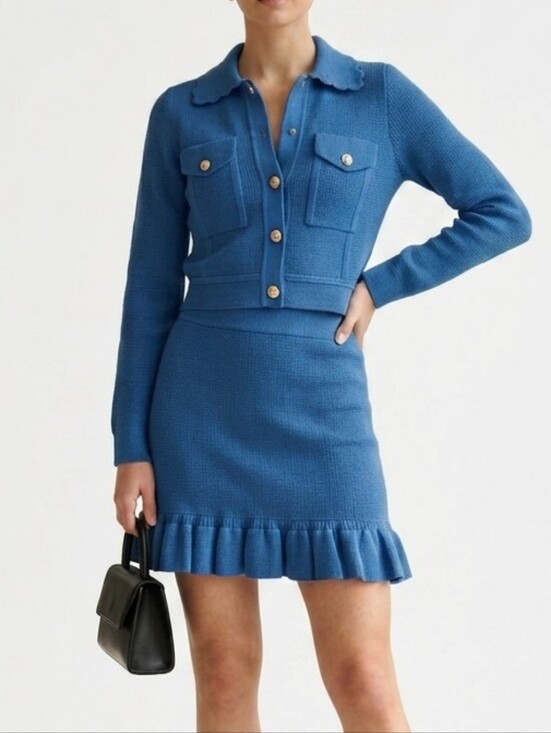 Sandro Paris Dresses & Skirts - Sandro Stunning Blue Ribbed Stretch Knit Ruffle-Hem SET. CARDIGAN AND SKIRT